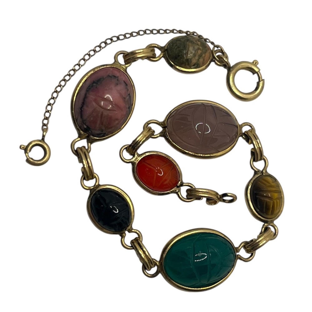 12k gold filled multi colored scarab beetle stone chain bracelet vintage